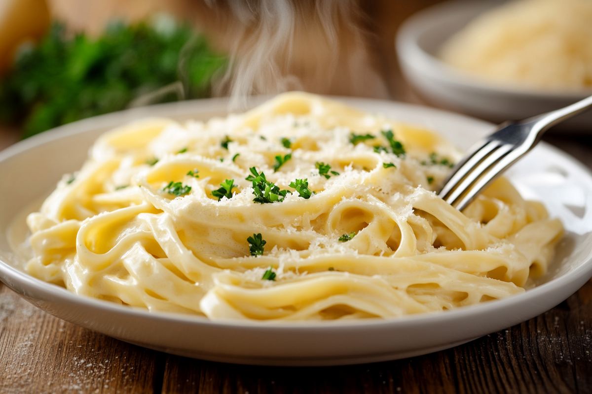 Plate of creamy Fettuccine Alfredo pasta with Parmesan cheese