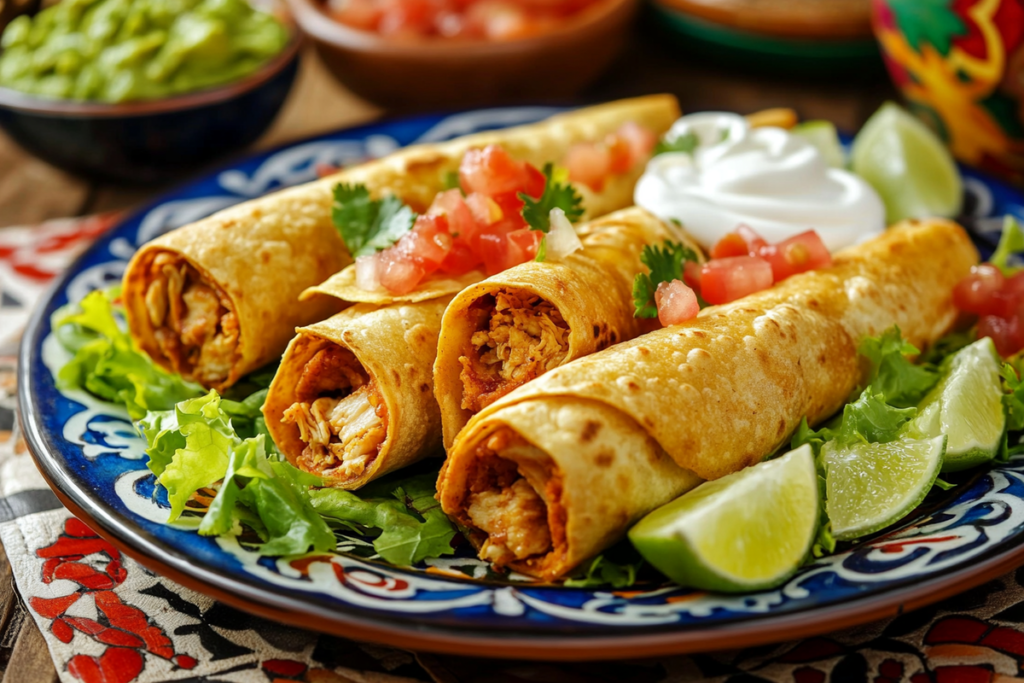 Crispy chicken flautas served with guacamole and salsa - Flautas Recipe.