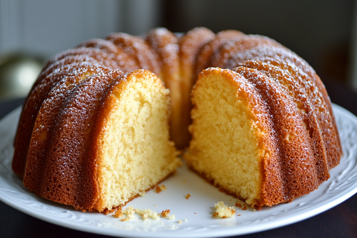 Close-up of a dry bundt cake slice, illustrating the causes of dryness in bundt cakes.