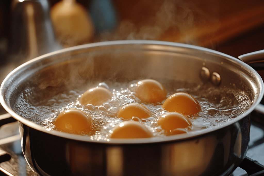 Eggs cooling in cold water after boiling to ensure easy peeling