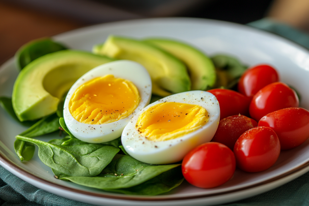 Is eating boiled eggs healthy - sliced boiled eggs on a plate with fresh vegetables