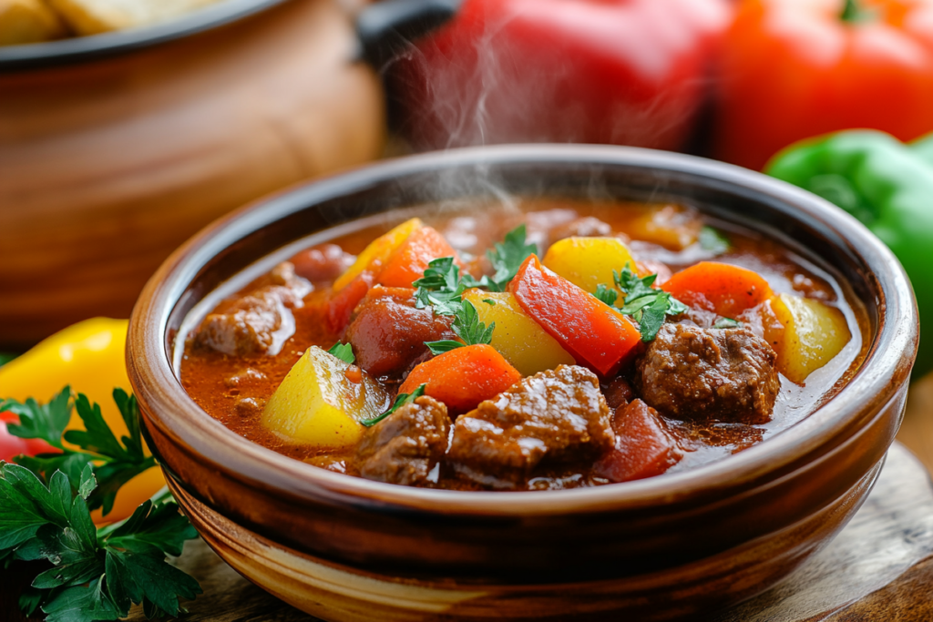 Authentic goulash ingredients including beef, Hungarian paprika, onions, and bell peppers