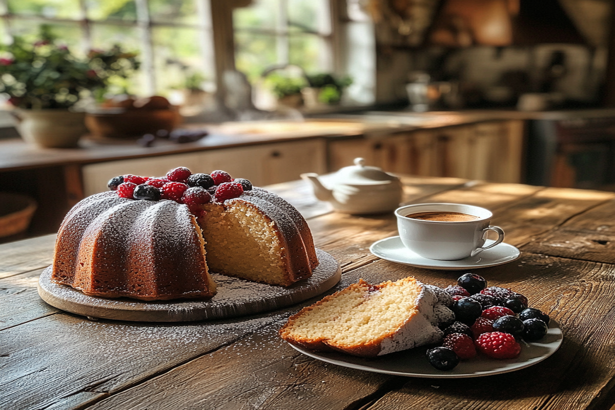 Do nothing bundt cakes need to be refrigerated? A moist bundt cake on a rustic table with coffee and berries