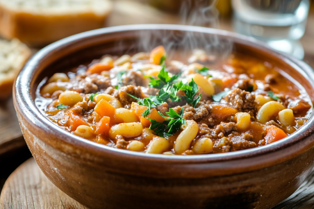 American goulash in a rustic bowl with macaroni, ground beef, and rich tomato sauce.