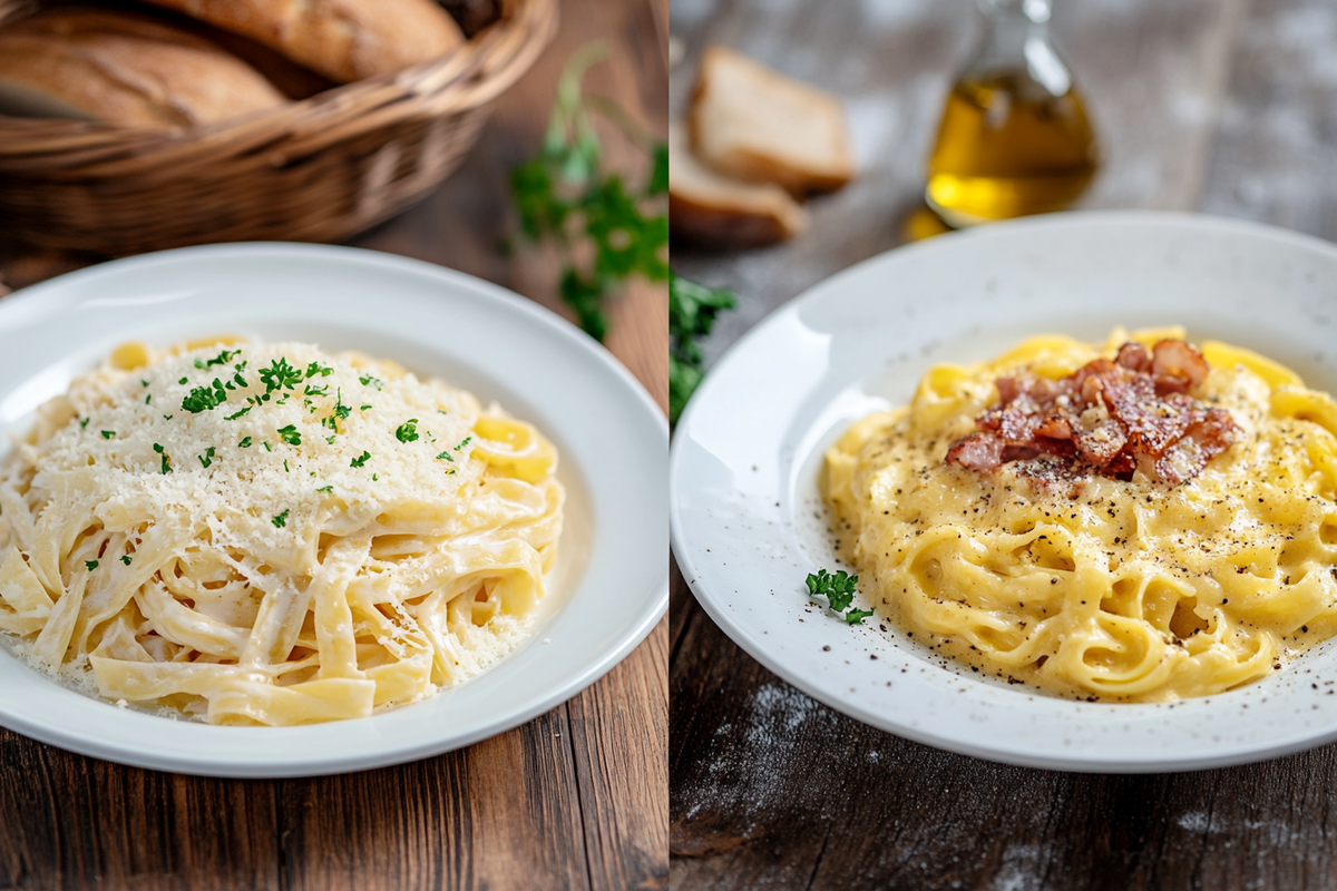 Plate of creamy Fettuccine Alfredo - Difference between Fettuccine Alfredo and Fettuccine Carbonara