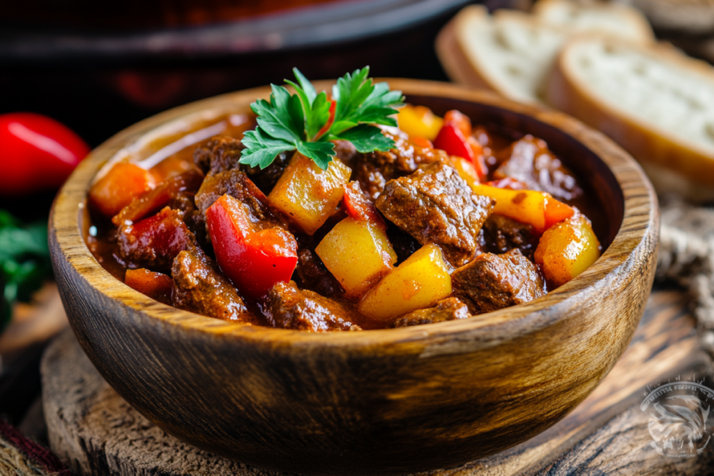 Traditional Hungarian goulash with authentic ingredients in a rustic bowl