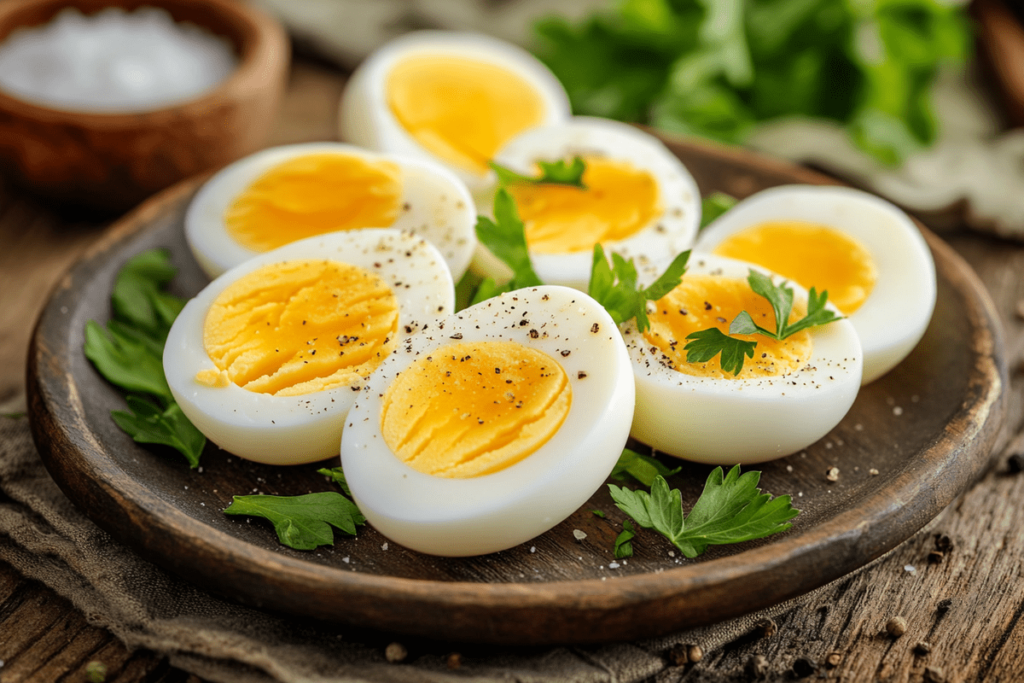 Perfectly cooked hard-boiled eggs sliced in half on a plate with bright yellow yolks