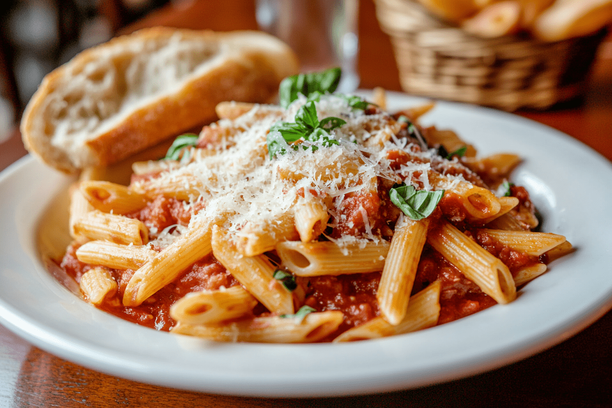 Penne Rigate pasta with marinara sauce and Parmesan cheese