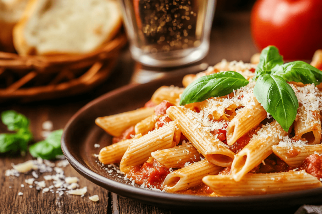 A delicious plate of penne pasta served with a rich tomato sauce, garnished with fresh basil and Parmesan, highlighting why penne pasta is called penne.