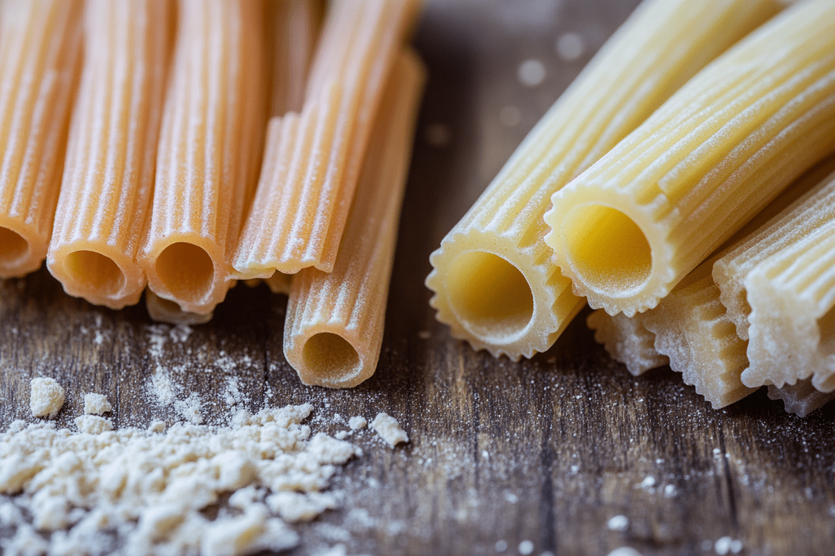 Difference between penne and rigatoni - Penne pasta close-up.