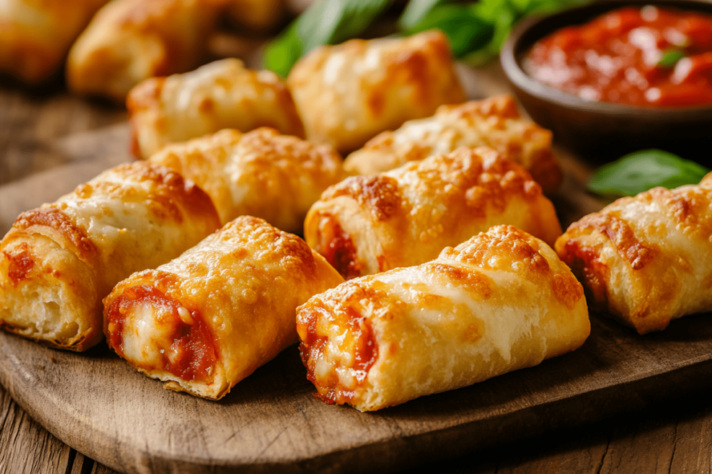 Delicious golden-brown pizza rolls on a plate with melted cheese and pepperoni filling