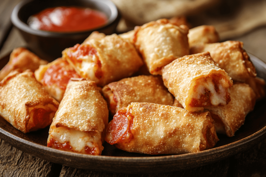 Crispy golden-brown pizza rolls with cheese and pepperoni filling on a plate, served with dipping sauce