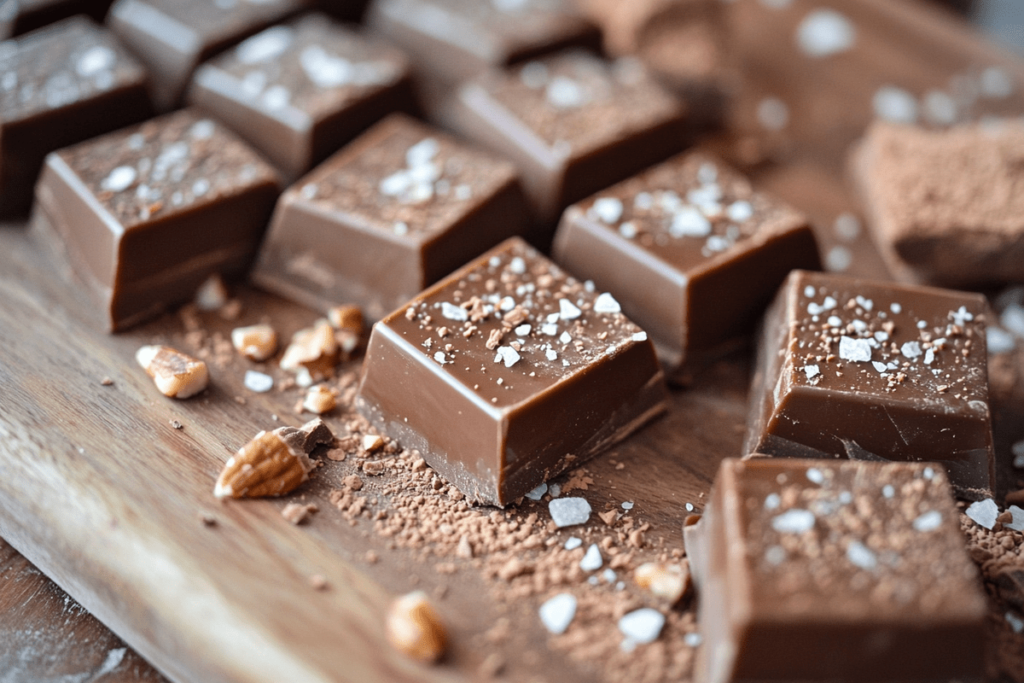 Close-up of homemade tabs chocolate pieces on a wooden tray