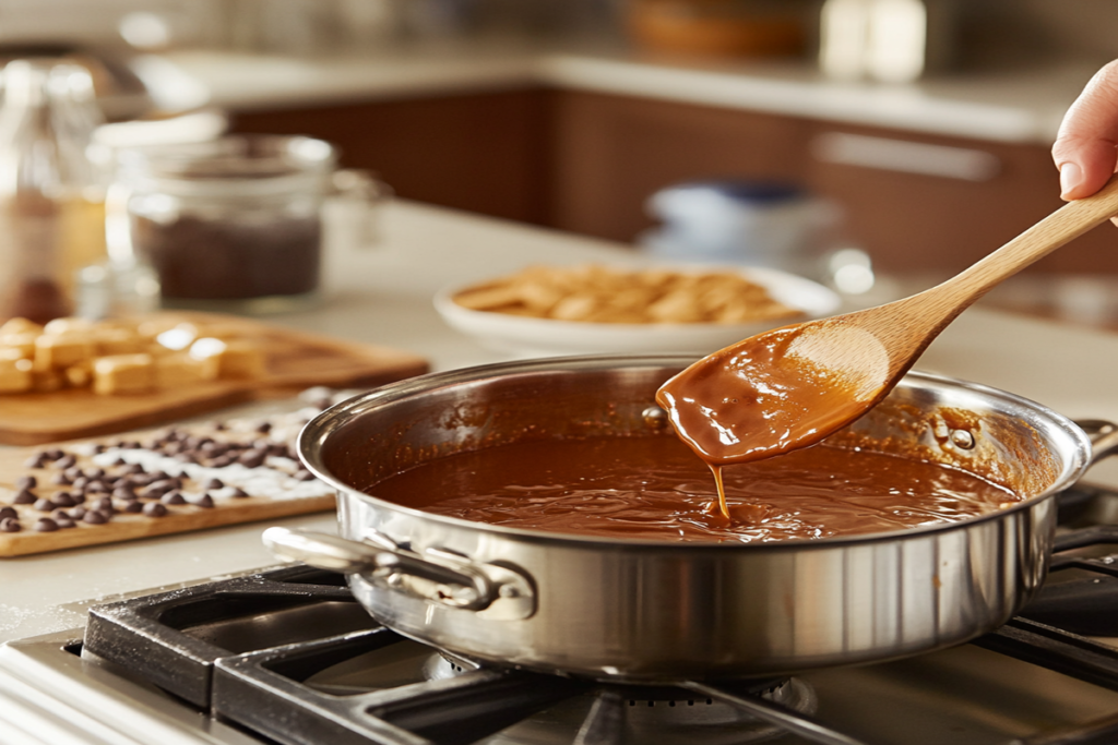 A heavy-bottomed saucepan with butter and sugar melting together, creating the caramel base for homemade toffee.