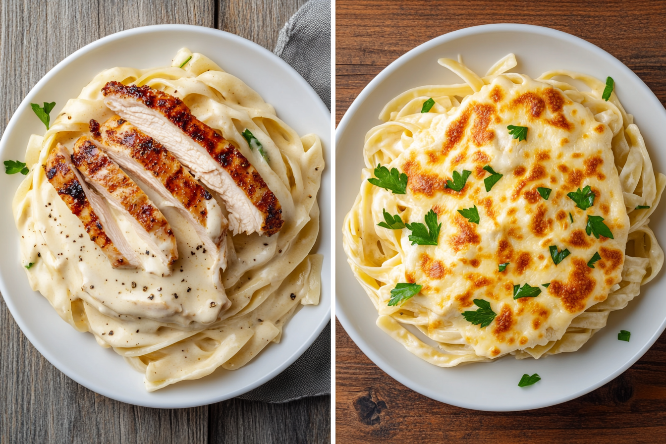 Side-by-side comparison of Chicken Alfredo and Cheesy Alfredo pasta dishes