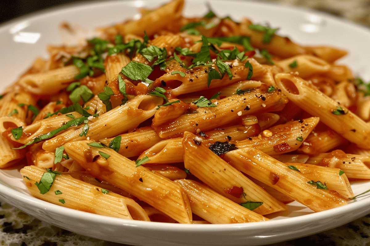 Penne pasta close-up showing ridged texture, often compared to ziti pasta