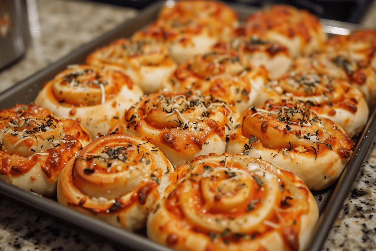 Homemade pizza rolls baking in the oven